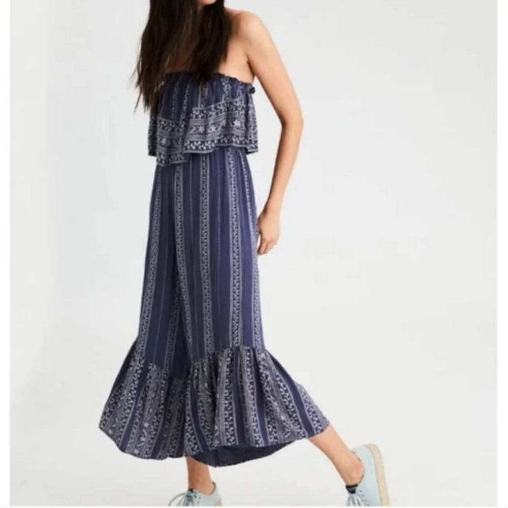 NWT JAPNA Sleeveless Boho Blue White Striped Flare Ruffle Floral Jumpsuit sz S